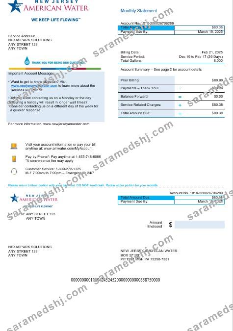USA New Jersey American water business utility bill Word and PDF template